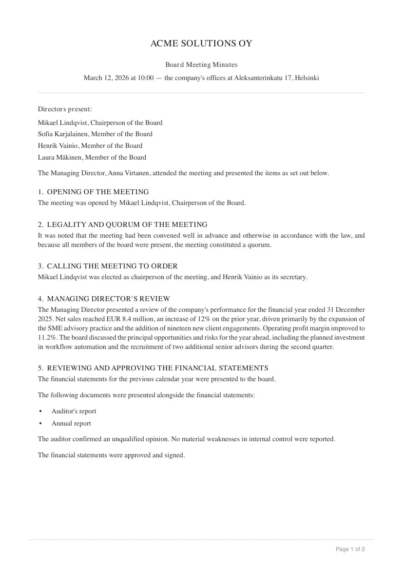 Board meeting minutes